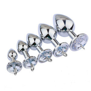 Metal Anal Plug with Diamond-Studded Pull Ring, Silver Aluminum Alloy, Wearable Design