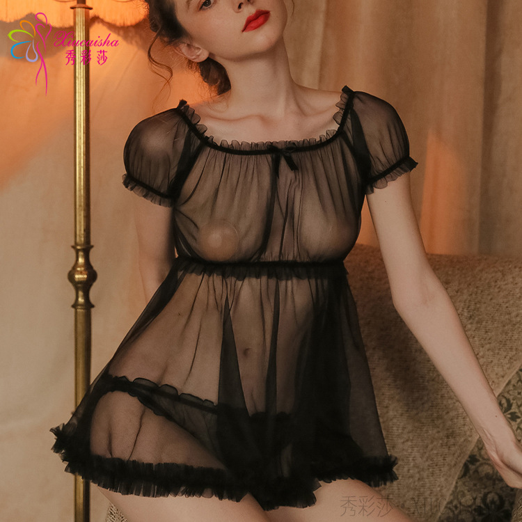 Sheer Mesh Babydoll Nightdress with Matching Panty, Pink One Size - Image 3