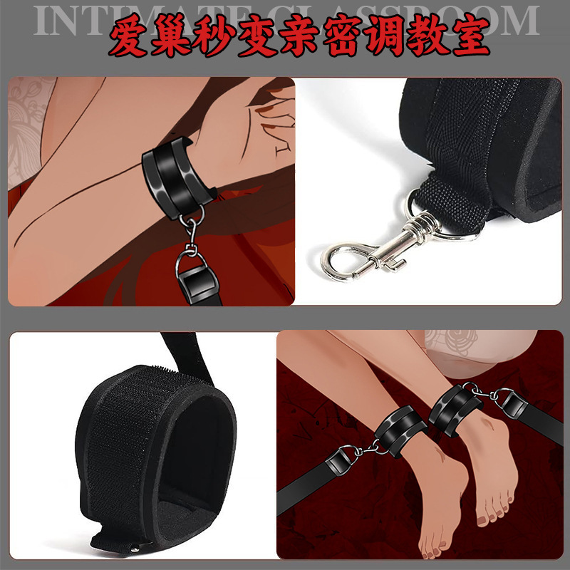 Plush Bondage Bed Restraint Set with Wrist and Leg Straps, Black - Image 4