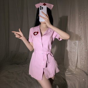 Nurse Role Play Lingerie Set with Open-Crotch Stockings and Leash, One Size Pink
