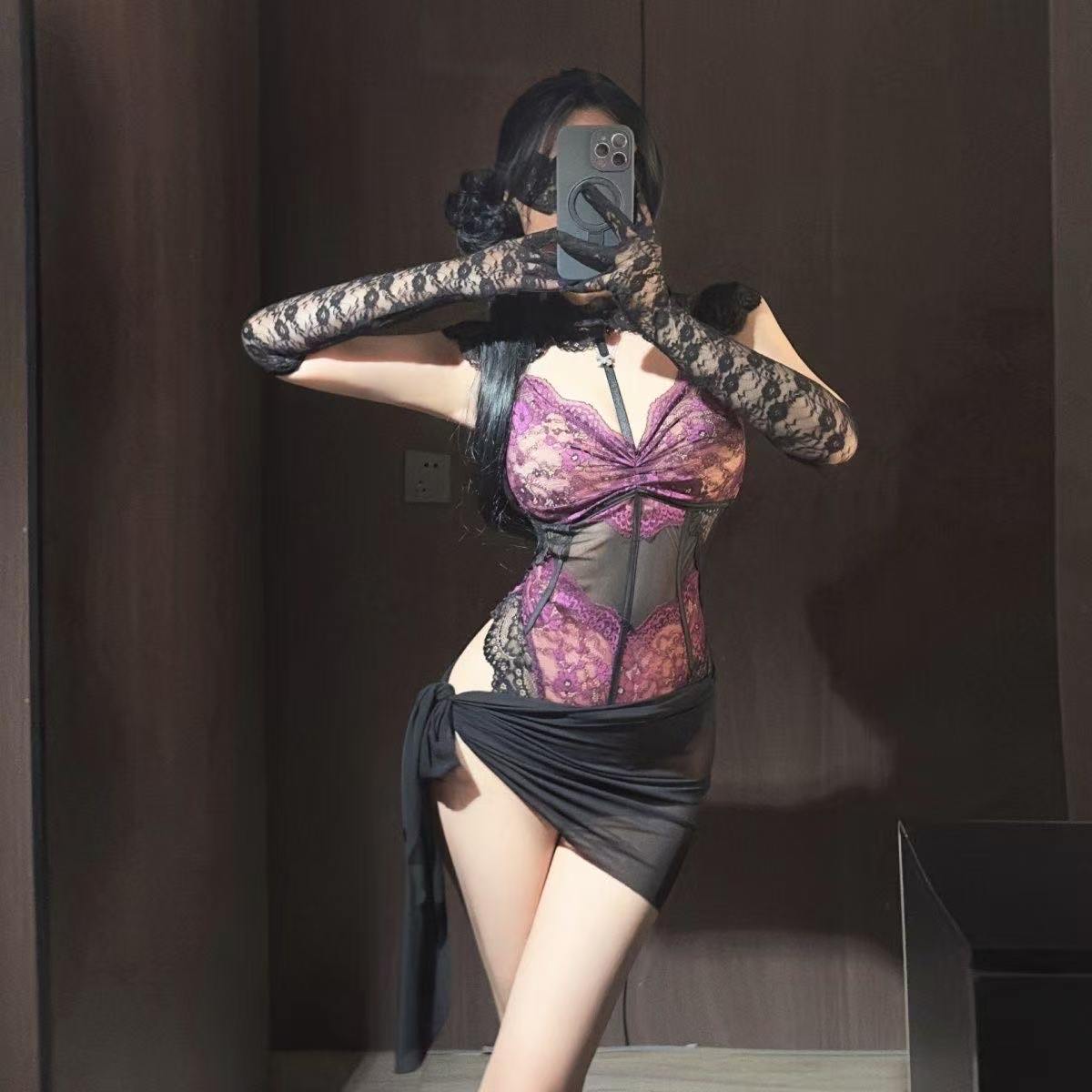 French-Style Lace See-Through Bodysuit Set with Skirt and Patterned Gloves - Image 4