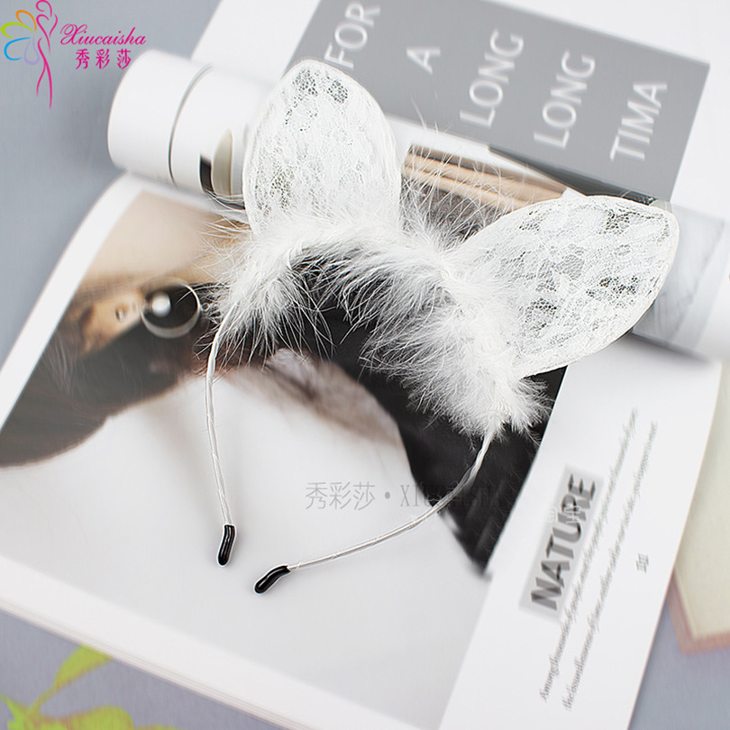 Bunny Ear Headband with Lace Eye Mask, Black Plush Costume Accessory Set - Image 3