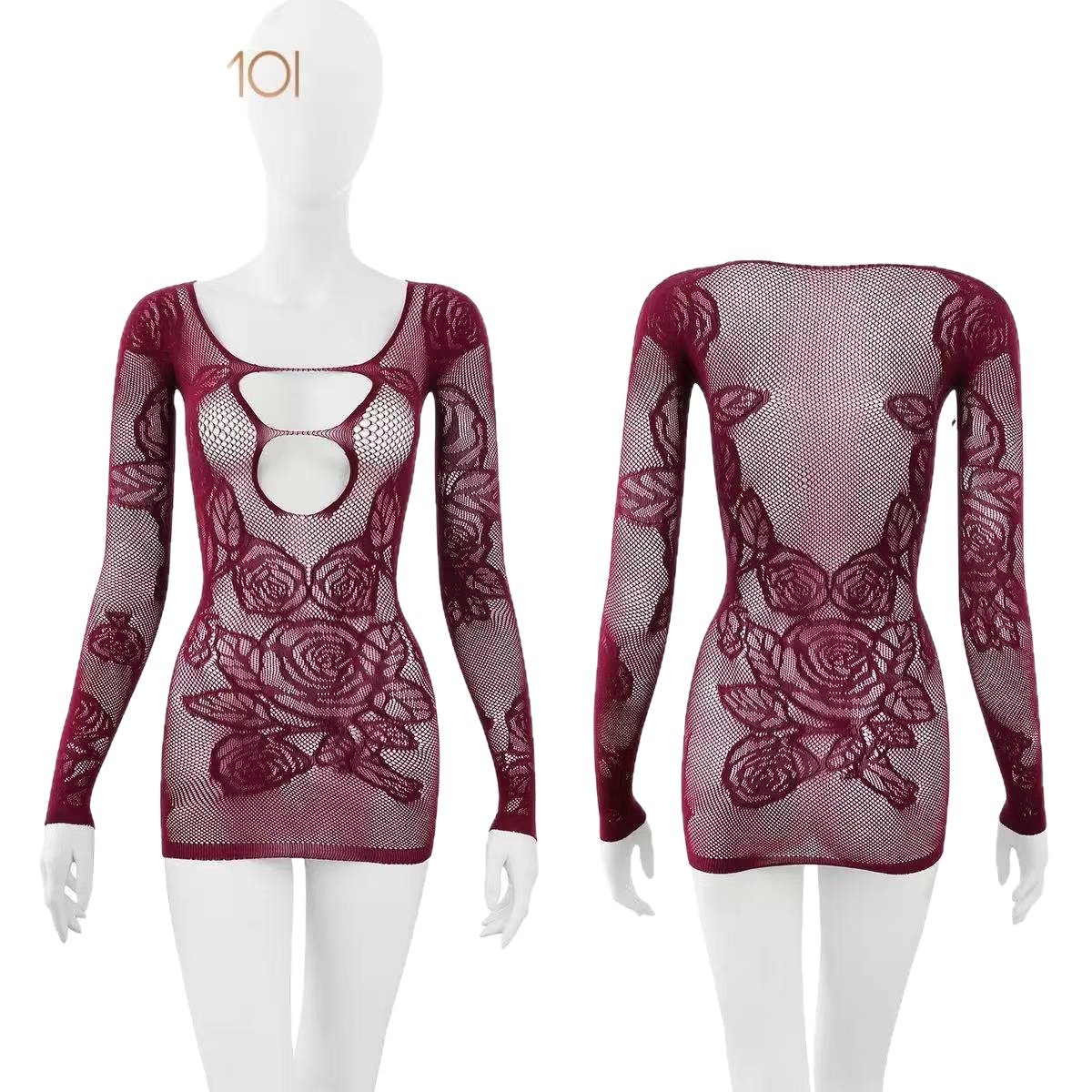 Sheer Mesh Open-Crotch Bodysuit with Stockings, No-Take-Off Design, Dark Purple - Image 5