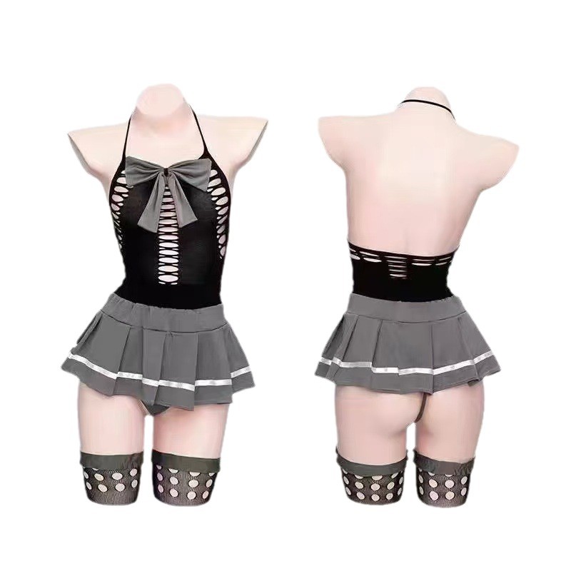 Mesh Student-Style Role-Play Lingerie Set with Matching Stockings, Polyester Patchwork Dress - Image 5