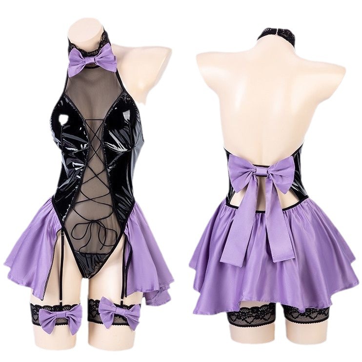 Stitched Patent Leather Look Hanfu One-Piece Lingerie Set with Lace Stockings and Fan - Image 5