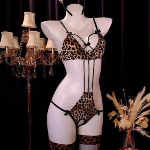 Leopard Print Open-Cup Bodysuit with Hollow Straps, Three-Point Design, Women's Roleplay Lingerie