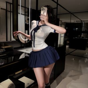 JK Uniform Maid Costume Set with Sailor Top, Short Skirt, Blindfold and Student Socks