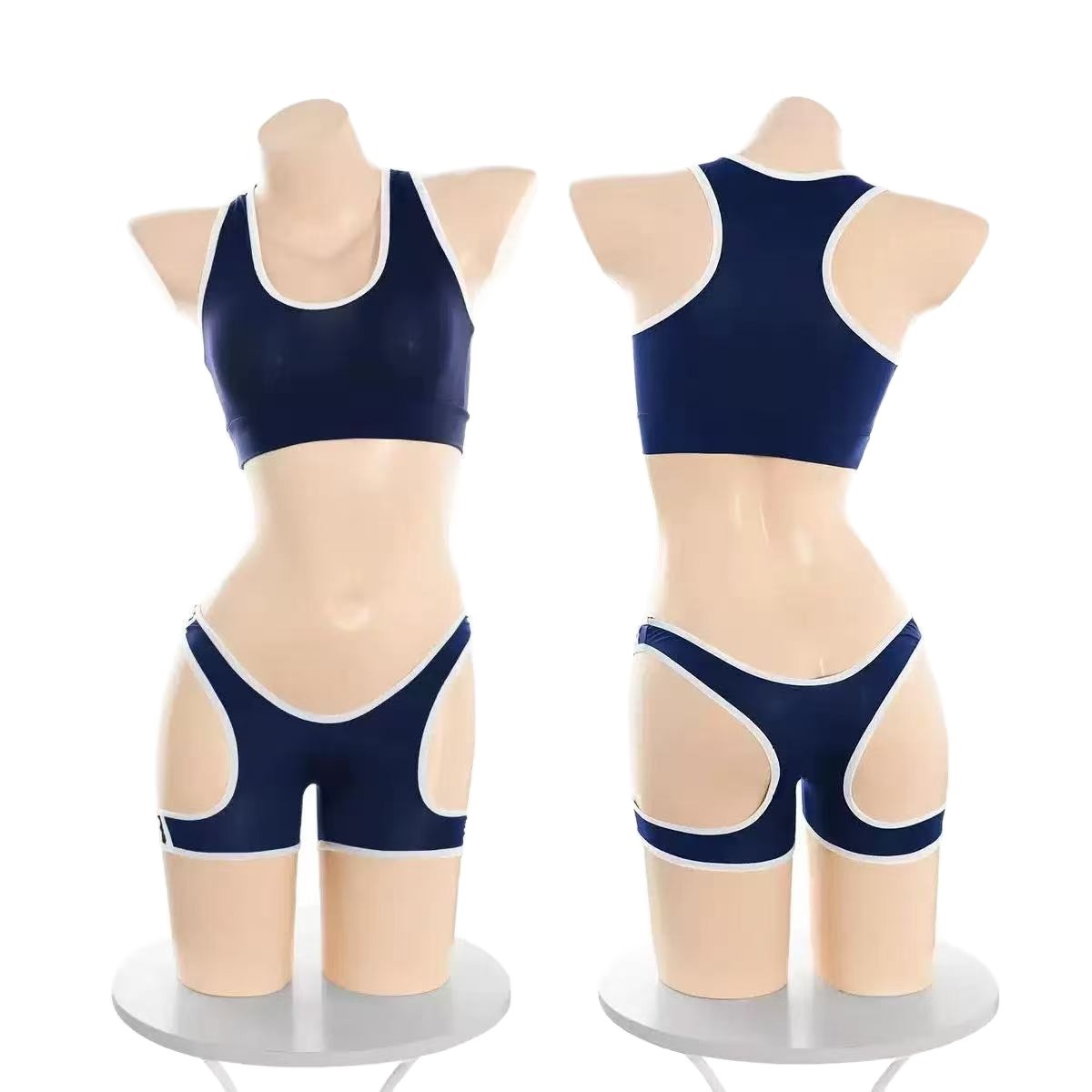 Slim-Fit Sports Vest and Hip-Hugging Shorts Set, Blue Polyester Two-Piece Lingerie - Image 5