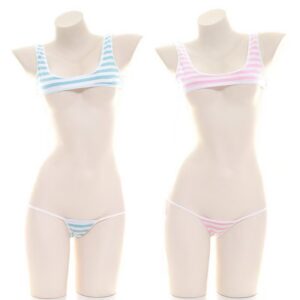 Striped Lace-Up Camisole Lingerie Set, Japanese-Style Figure-Flattering Two-Piece in Pink