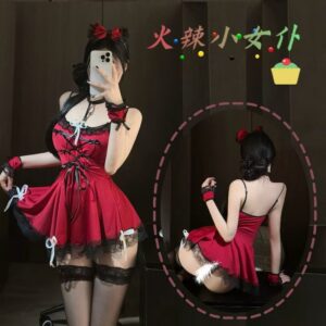 Maid Roleplay Lingerie Set with Red Uniform and Black Bodystocking