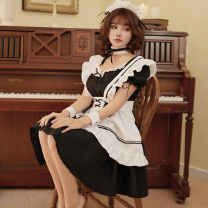 Maid Roleplay Lingerie Set with Headpiece, Collar, Cuffs and Dress