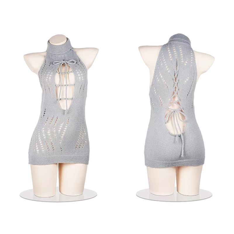 Open-Chest Knitted Sweater Dress, Hollow-Out Lace-Up High-Neck Sleeveless Sleepwear, Grey One Size - Image 5