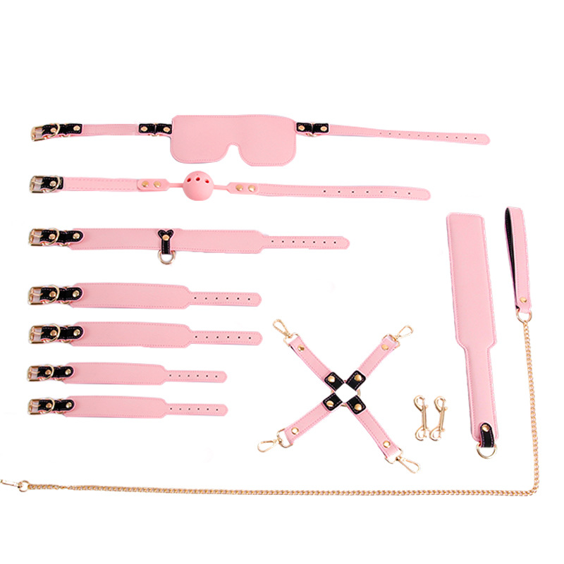 SM Restraint Kit 8-Piece Set with Leather Cuffs, Nipple Clamps and Oral Ball - Image 5