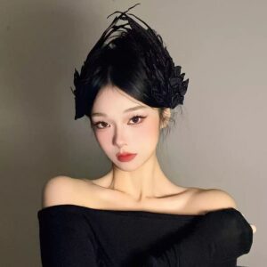 Angel Wings Lolita Feather Hair Clip with Embroidery, Black and White Two-Color Duckbill Hairpin for Women