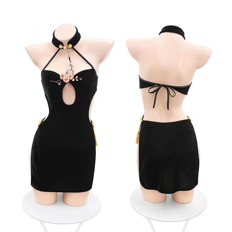 Plus Size Chinese-Style Cheongsam Lingerie, Halter Neck Backless Embroidered Babydoll Pajama - Image 5