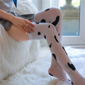 Cow-Spot Over-The-Knee High Socks, Milky White Polyester Stockings, One Size