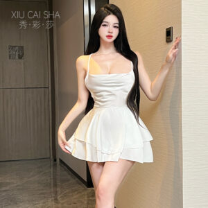 Purple Satin Camisole Babydoll Set with Backless Design and Stockings