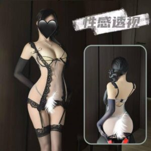 Lace Hollow-Out Suspender Nightgown Set with Thong, Stockings and Glossy Gloves