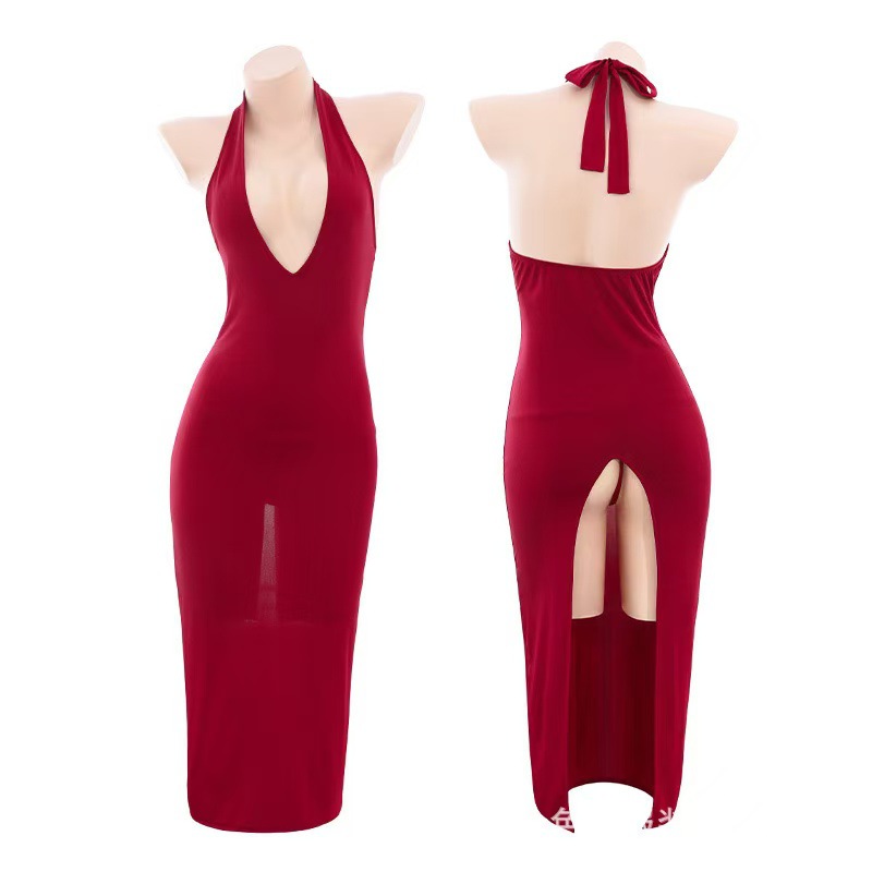 Rose Lady Backless Slit Cheongsam-Style Lingerie Dress with Briefs - Image 4
