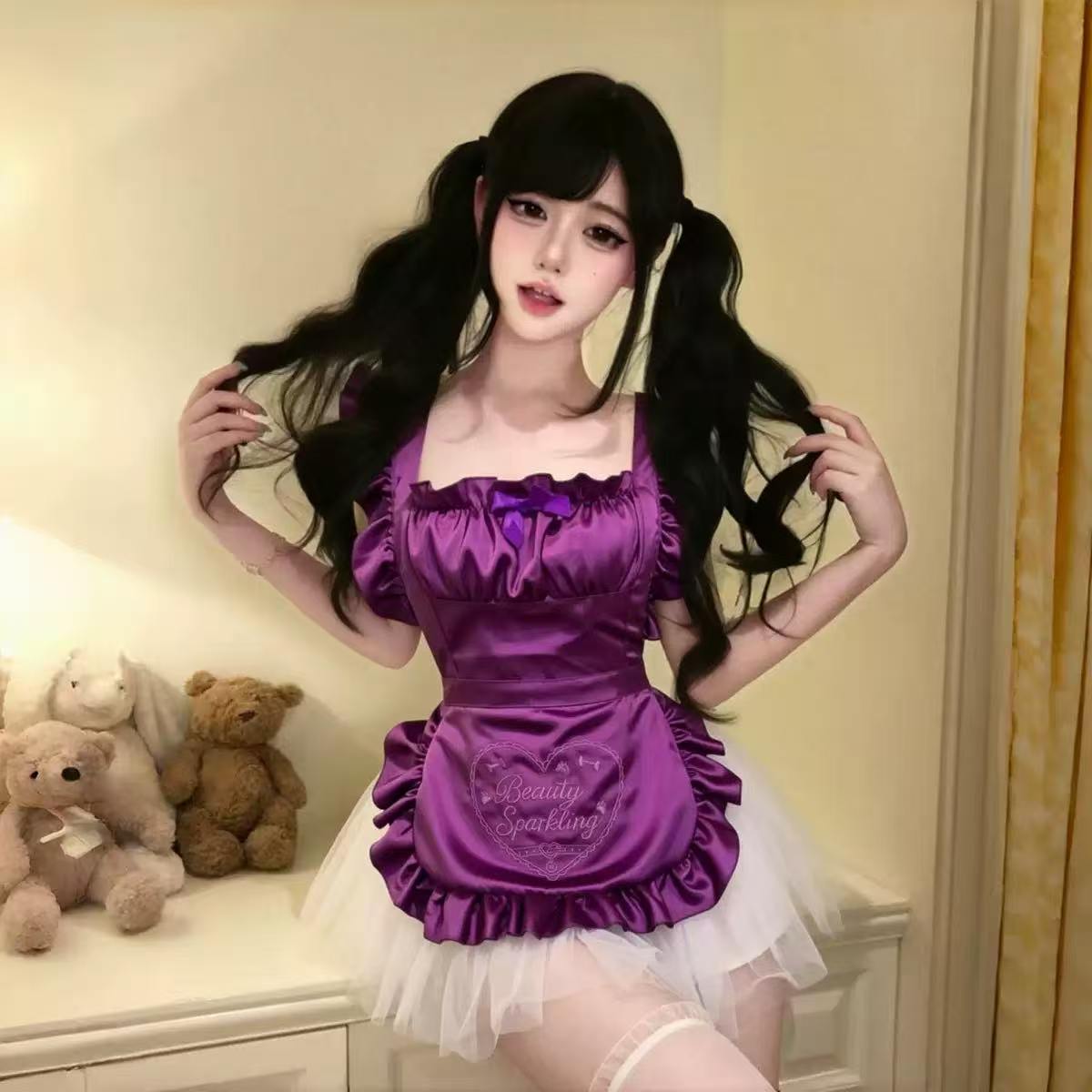 Maid Cosplay Costume Set with White Apron, Satin Skirt and Butterfly Socks - Image 3