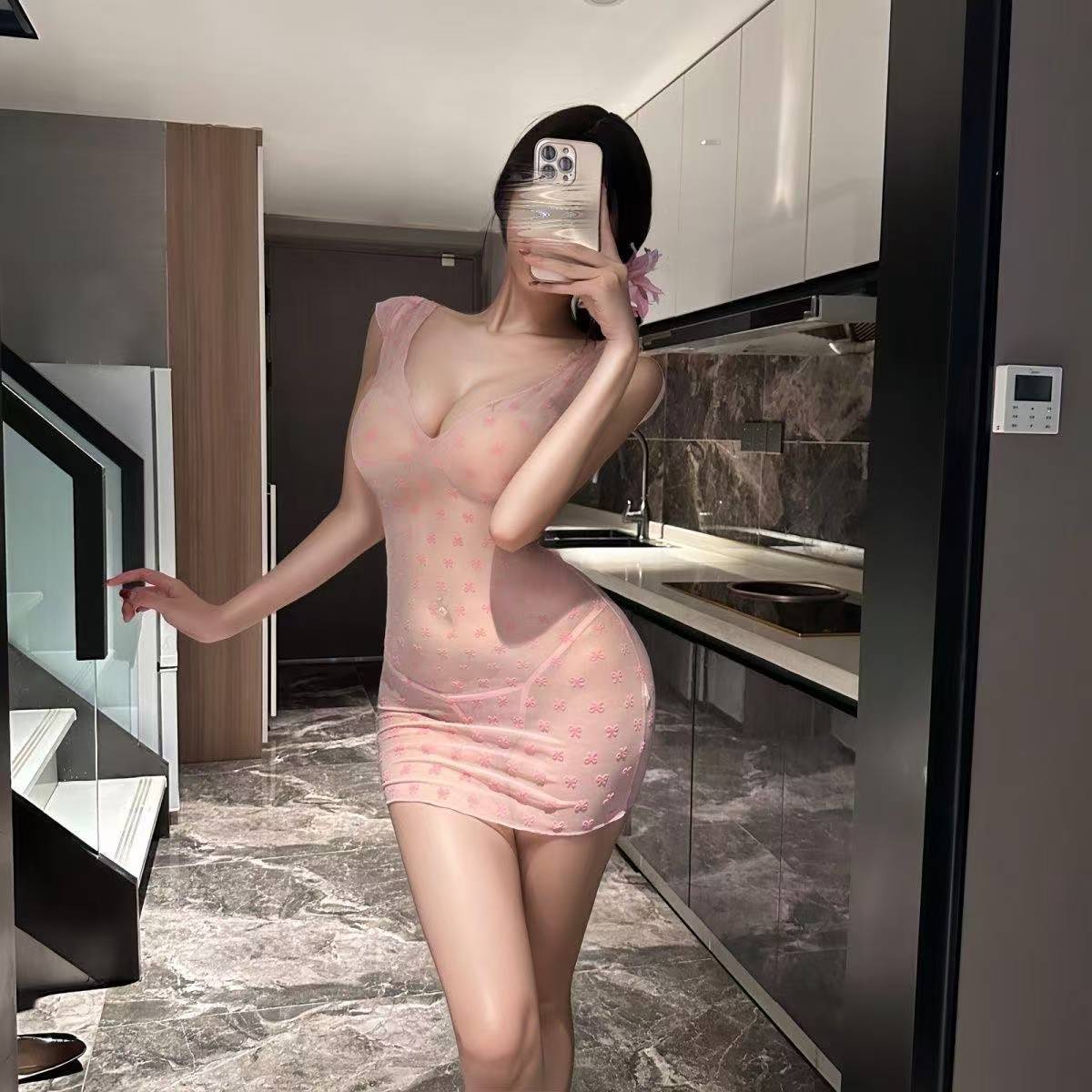 Pure Lust Deep V See-Through Gauze Babydoll Skirt Pajamas with Bow Detail - Image 4