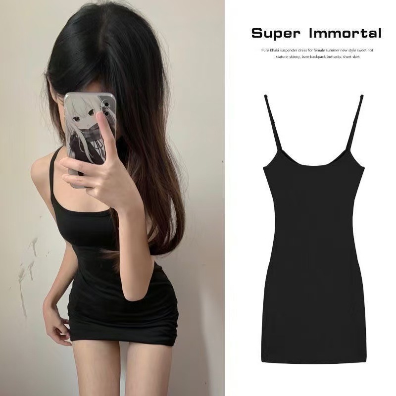 Pure Desire Spaghetti Strap Short Dress, Slim Fit Black Sleepwear for Petite Women - Image 3