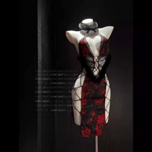 Ancient-Style Cheongsam Lingerie Nightdress with High Slit, Polyester, One Size