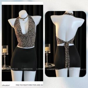 Leopard Print Open-Bust Secretary Costume Bodysuit, One Size Polyester Lingerie Set