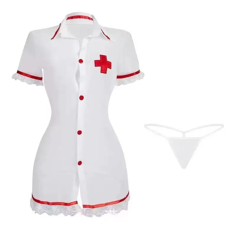 Sheer Lace Nurse Roleplay Lingerie Set with Bra and Panty, White One Size - Image 5