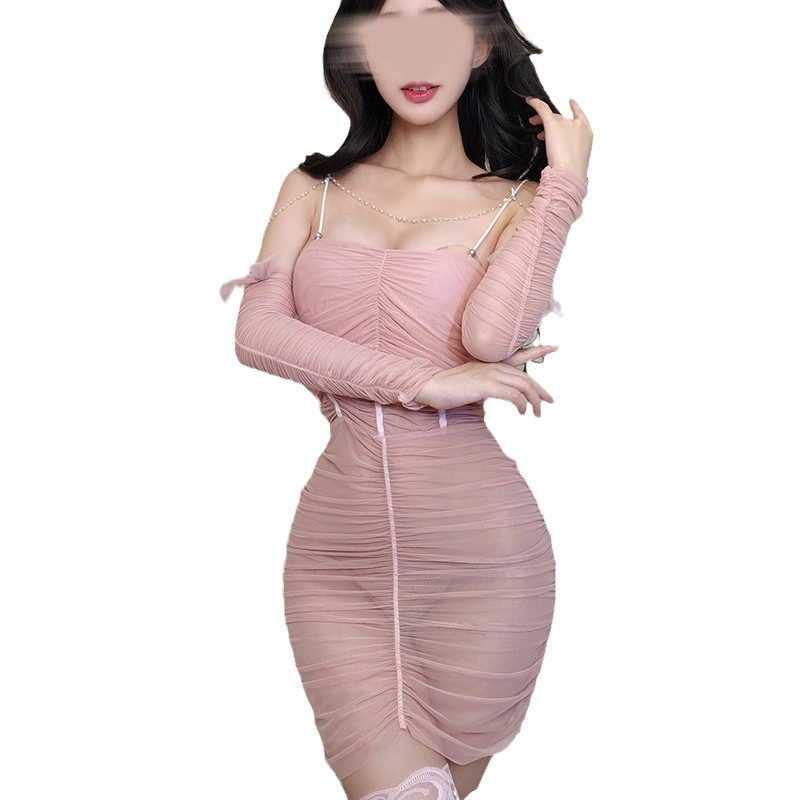 French-Style Mesh Wrap Nightgown with Hip Skirt, Blue One-Size Lingerie Dress - Image 5