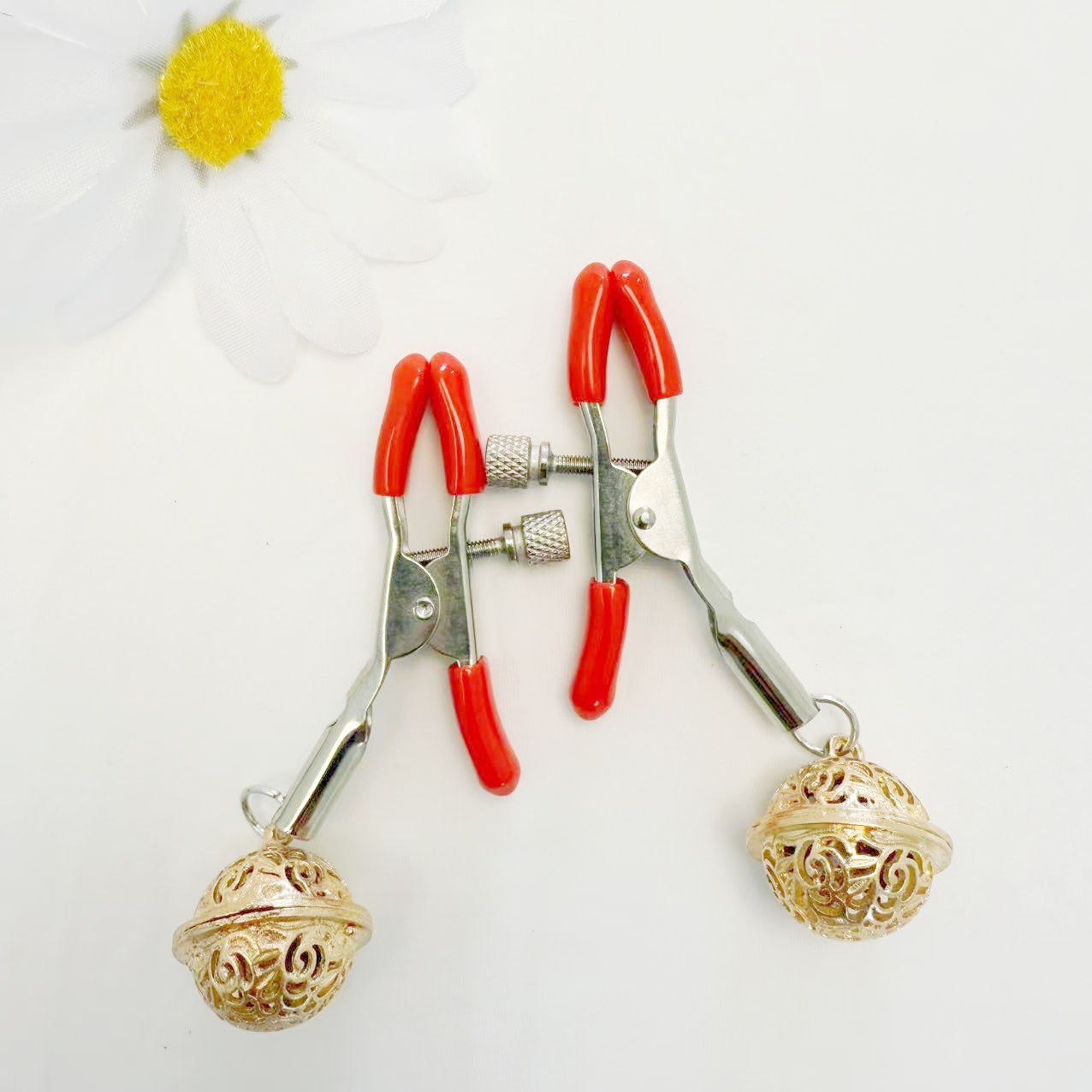 Nipple Clamps with Bell Pendant and Tassel, Red Silver Bell Design - Image 3