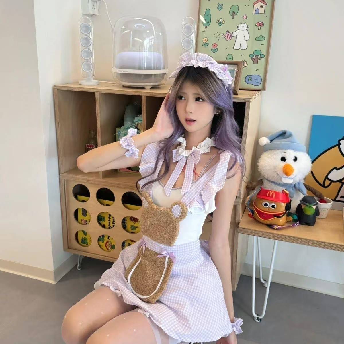 Maid Roleplay Costume Set with Apron, Headband, Choker, Wristbands and Crotchless Bodysuit - Image 2