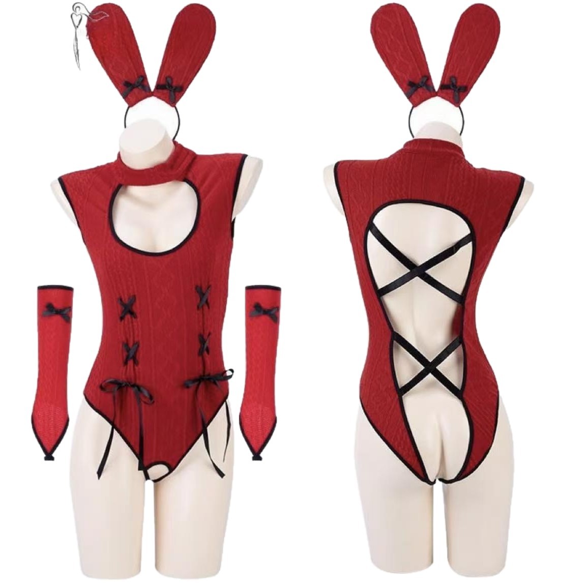 Red Bunny Girl Open-Crotch Knit Bodysuit Costume Set with Headband and Gloves - Image 5