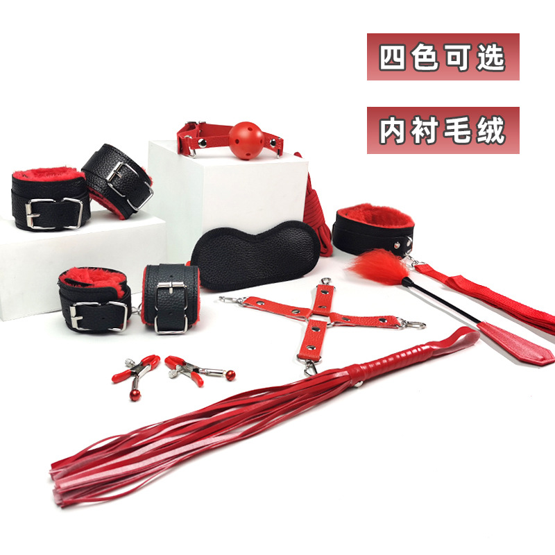 SM Bondage Ten-Piece Set with Handcuffs, Leather, Metal and Plush, Black and Red - Image 3