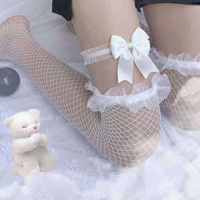 Lace Bow Elastic Thigh Ring with White Mesh Stockings - Image 4
