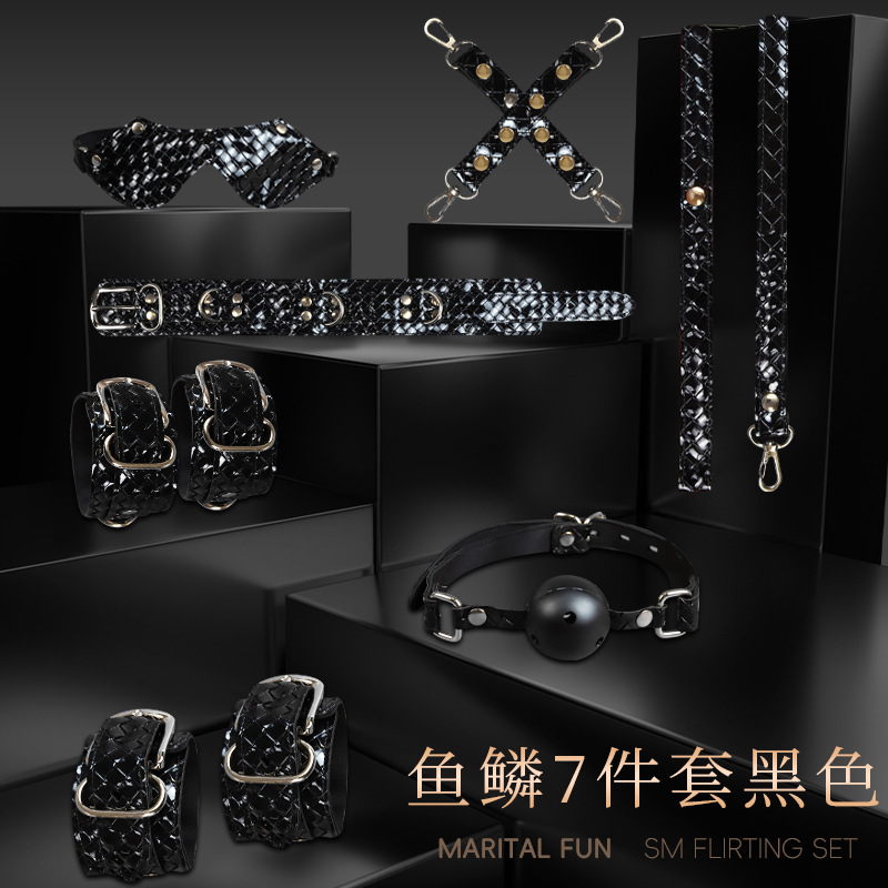 SM Fish Scale 7-Piece Bondage Kit with Nipple Clamps and Handcuffs in Black PU Leather - Image 2