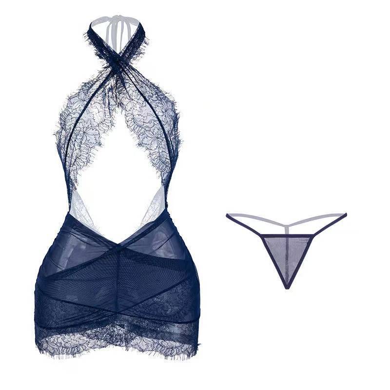 Purple Temptation Lace Secretary Lingerie Set, Halterneck Sheer Mesh Nightgown with Hip Skirt, Black - Image 5
