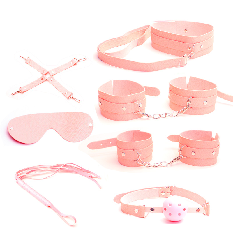 Bondage Kit with Handcuffs, Whip, Gag, Blindfold and Storage Pouch, PU, Pink - Image 3