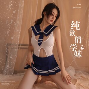 Campus-Style Open-Crotch Lingerie Set with Jumpsuit, Skirt, Tie and Student Socks
