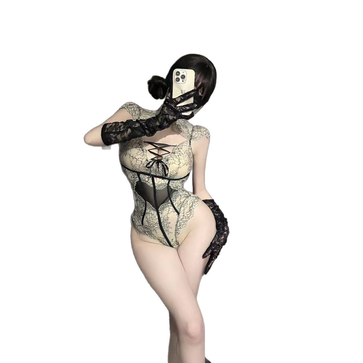 French-Style Roleplay Bodysuit Set with Stockings, Gloves and Blindfold - Image 5