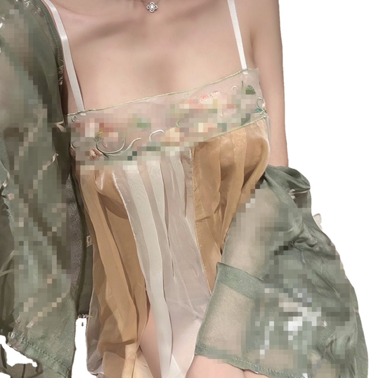 Chinese Republic-Era Hanfu Style Roleplay Lingerie Set with Embroidered Mesh Cape, Bandeau Top and Thong - Image 5