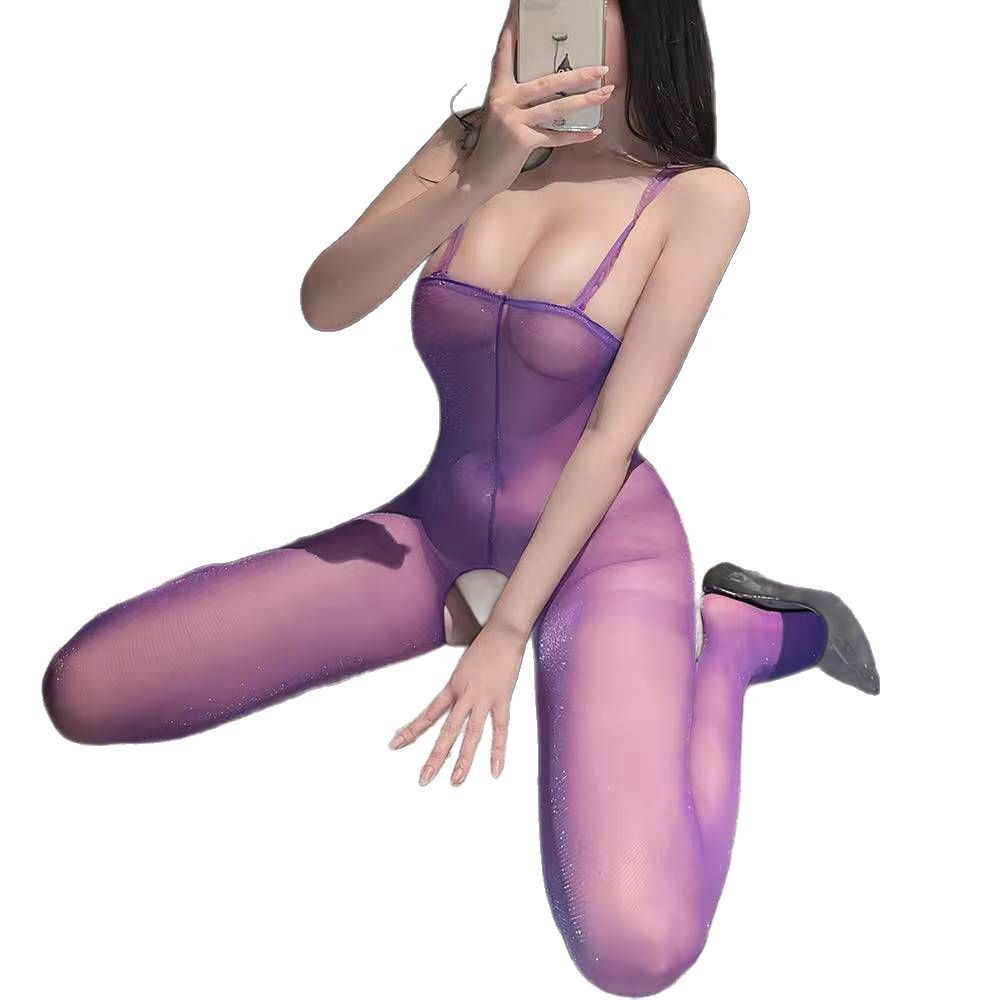 Purple Net Open-Crotch Jumpsuit with Hollow-Out Detail and Pearlescent Stockings - Image 5