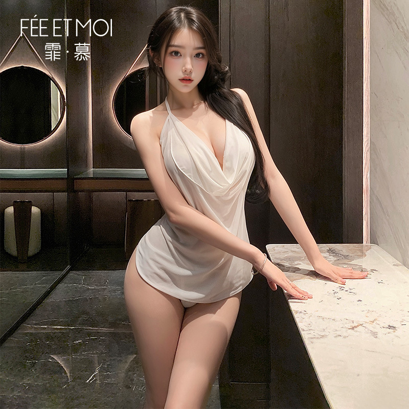 Feimu Lace-Up Halterneck Pile Collar Bodysuit with Thong, Sheer Mesh Lingerie Set - Image 2