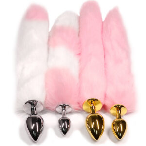 Metal Anal Plug with Faux Fur Tail, Adult Couple Play Accessory, Pink and Silver