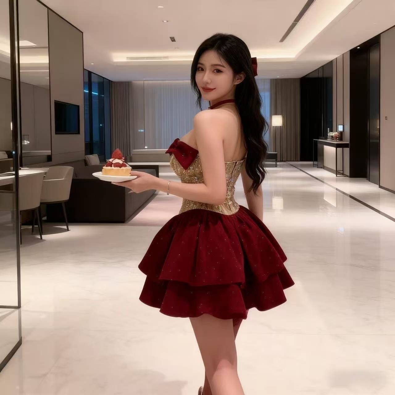 One-Shoulder French-Style Maid Costume Dress with Neck Ring, Waist-Cinching Puffy Mini Skirt - Image 2