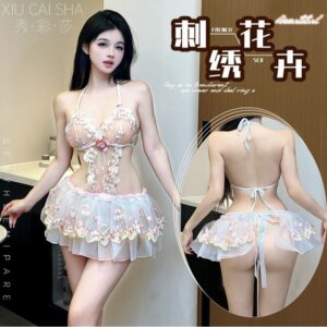Xiu Cai Sha Lace Embroidery Sheer Babydoll Set with Skirt, Thong and Stockings