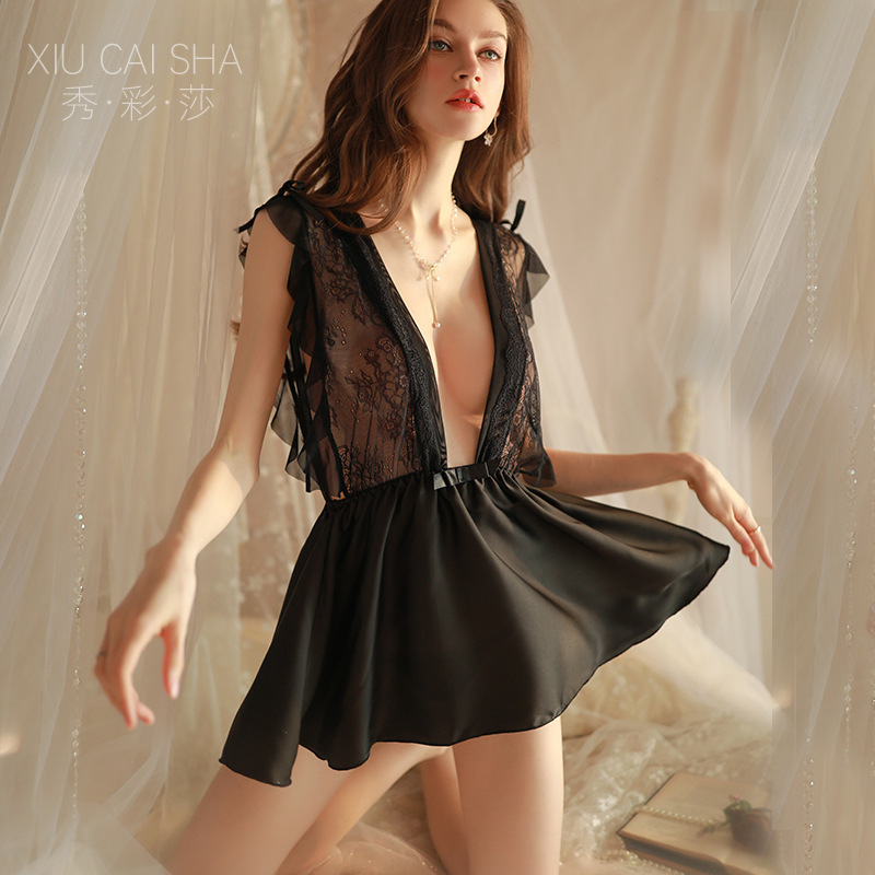 Plus Size See-Through Lace Babydoll Nightgown with Suspenders, Black Short-Skirt Style - Image 4