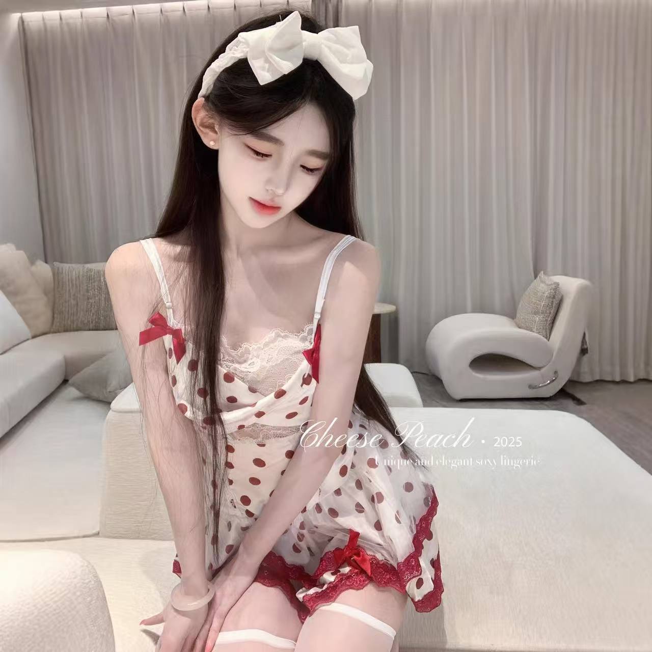 Purely Alluring Polka Dot Lace Camisole Nightgown, Backless Mesh Trim, Women's Date Night Pajama Set - Image 3