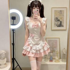 Maid Roleplay Costume Set with Tutu Skirt, Bowknot Apron and Short Dress