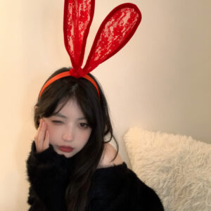 Lace Bunny Ear Headband with Blindfold and Bell, Black Handmade Party Headwear